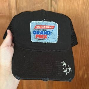 Black Grand Prix Cap with Star Embroidery& frayed edges One Size Fits Most